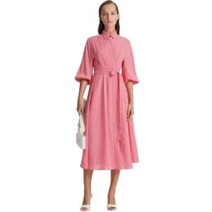 Scanlan Theodore Gingham Wrap Dress Pink White Balloon Sleeve Midi (Sz M)